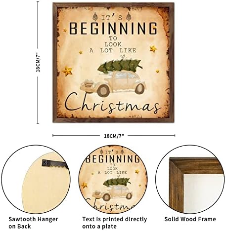 Коледен Дървен Знак Коледна Елха Снежен Камион Картина Реколта Дървена Рамка За Снимки Коледен Подарък за Кухня, Офис, Всекидневна