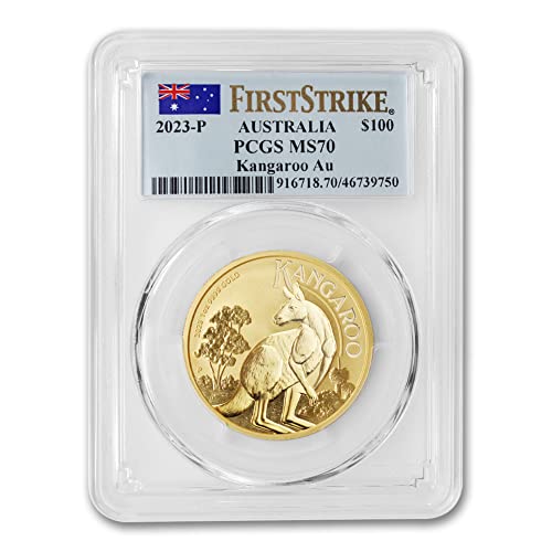 Австралийска златна монета MS-70 под формата на кенгуру с тегло 1 унция 2023 г. (надпис First Strike - Флаг) на стойност £ 100 MS70