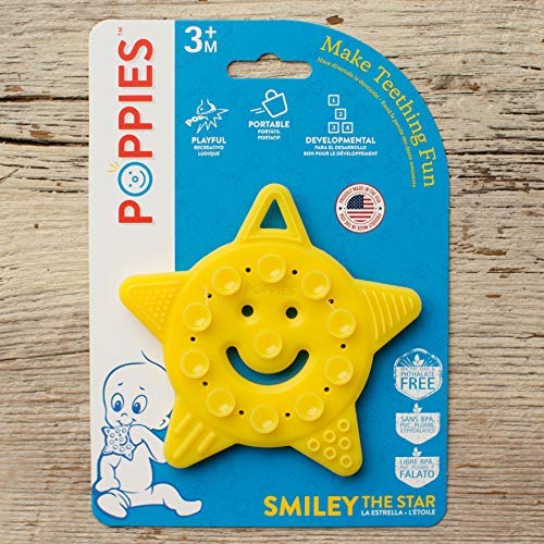 Прорезыватель на силиконовата присоске POPPIES Smiley The Star без Бисфенол А, Допир Играчка за баня (Жълт)