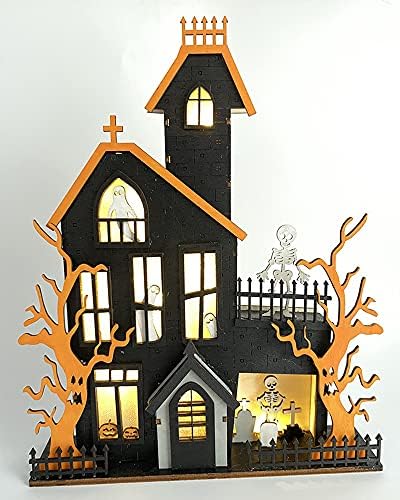U/B Десктоп Украса за Хелоуин, Дървени Декорации За дома от Духове къща с подсветка, Табела за Хелоуин, захранван