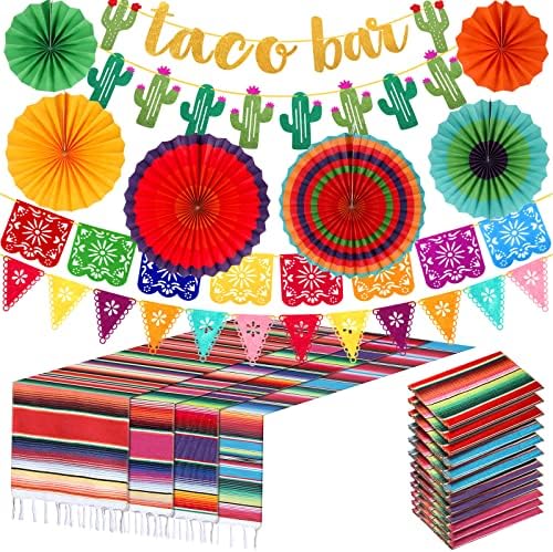 12 Бр Пътеки за мексиканския масата Serape размер 14 x 84 инча, 12 Банери с Тако-бар и Кактусом, 8 Висящи банери