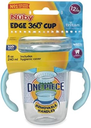 Чаша за пиене Nuby No Spill 360 Edge 2 Stage обем 8 унции с Подвижни дръжки и хигиенна капачка, цветове могат да се различават (опаковка от 2 броя)