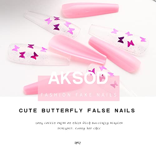 Aksod Гланц Градиентный Розово Натиснете върху ноктите си Дълги Квадратни Режийни ноктите под формата на Ковчега с пеперуди,