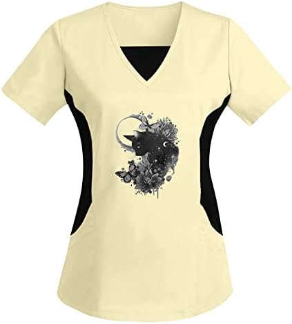 Модерна Женствена Тениска с V-образно деколте и Къс Ръкав в стил Мозайка, Униформи за медицински сестри, Свободна Блуза,