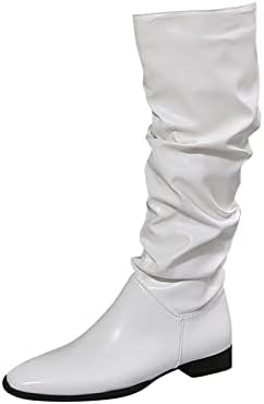 Дамски Ботфорты Над коляното в стил Уестърн, Каубойски Престрелки Обувки на Масивна Блок Ток, Модни Плисирани Рокли-Обувки