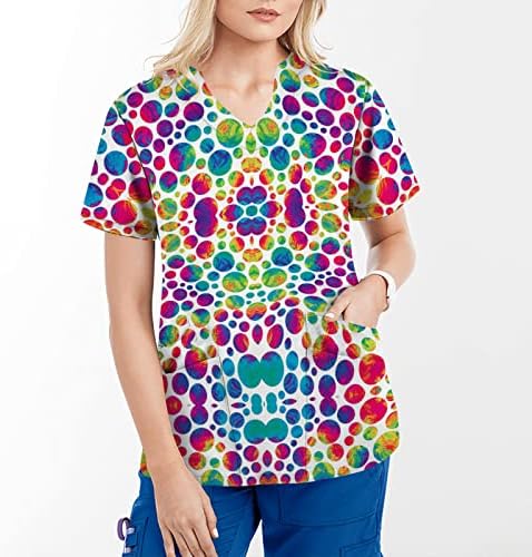 Блуза-риза за Момичета 2023, Къс Ръкав, Дълбоко V-Образно Деколте, Графичен Цветна Вратовръзка-Боя се, Работен Офис Търкане-Форма, Най-ХО