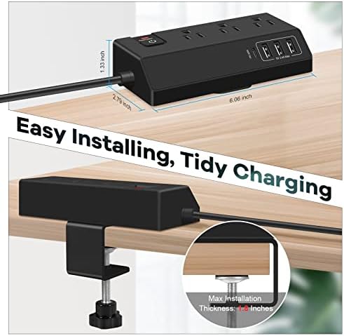 Захранващ кабел за защита от пренапрежение - Порт за бързо зарядно устройство, USB PD C мощност 20 W - Скоба за десктоп устройства - удължителен кабел черен на цвят, с 4 USB п