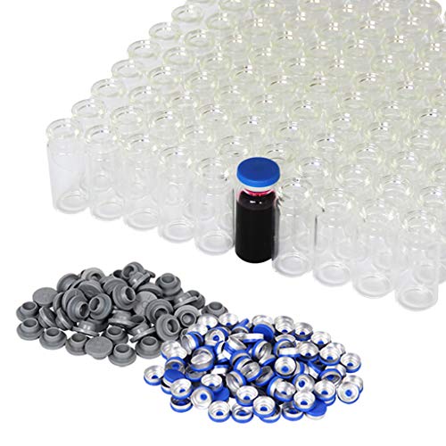 Флакони по 20 мл - Прозрачни Стъклени Флакони с пластиково-алуминиеви откидными капаци и гумени тапи, 100 опаковки, лабораторни флакон с плоско дъно 26 мм (прозрачен)