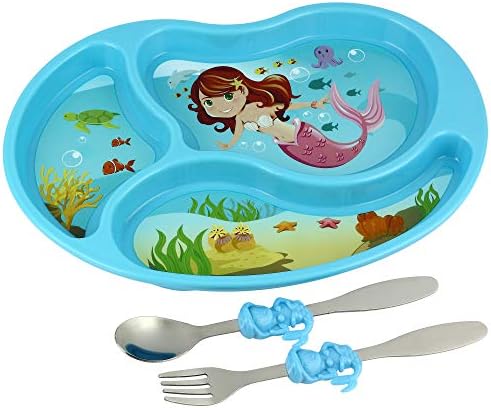 Разделението чиния с прибори за деца - Комплект за бебешка храна с купа, вилица и лъжица - Русалка