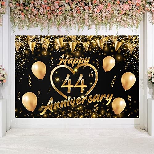 Честит Фон с 56–годишнината, Банер, Декор, Черно Златно Сърце с Пайети, Лъки 56-та Годишнина от Сватба, Тематични