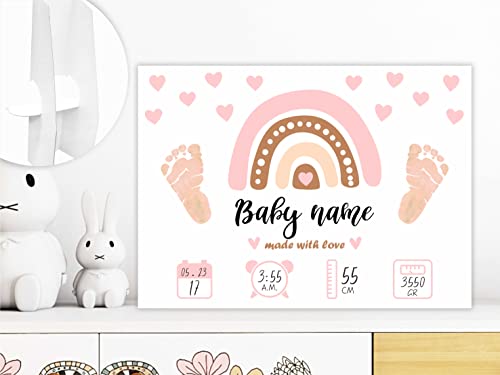 Свидетелство за раждане в болницата | Плоча с обявяването на раждането на детето в розова дъга тема 8 x 11 в стил Бохо | Фигура със следи дете | Подарък за спомен за мама