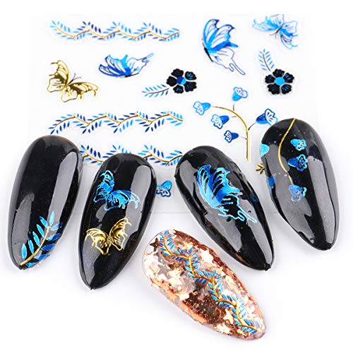 30 Бронзови Листа Стикери за дизайн на ноктите с цветове-пеперуди, Лазерни Сини Златни Стикери за нокти за