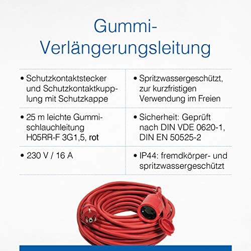 удлинительный кабел as - Schwabe, гума удължител, H05RR-F 3G1.5, червен защитен цвят, IP 44 – подходящ за използване на открито, 60264