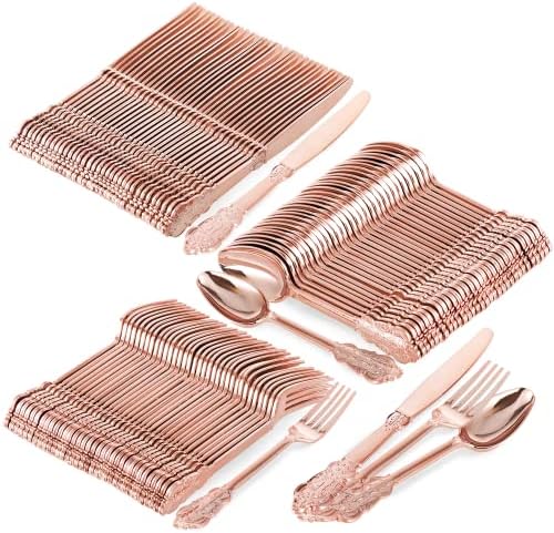 Сребърни изделия от пластмаса Розово злато -150 бр. за Еднократна Вилици, Лъжици, Ножове, Елегантни и Модерни прибори