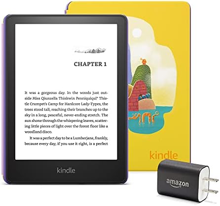 Комплект Kindle Paperwhite Kids Essentials, която включва устройство Kindle Kids (16 GB), калъф за деца - Робот Dreams, адаптер за захранване и защитно фолио за екрана.