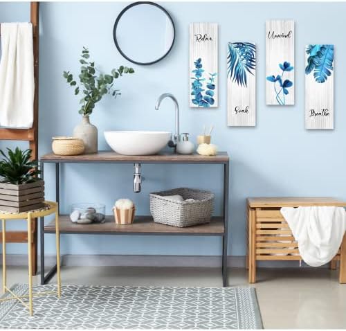 Creoate Blue Wall Art 4 бр. Комплект за печат на стената на Банята с Надпис Relax Soak Unwind Дишай, Дървена Табела,