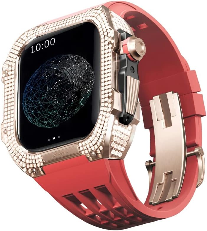 Комплект за промяна на часа CNHKAU, Луксозен Комплект Ленти за Apple Watch 8 Ultra 45 мм, Луксозен Титан калъф с каишка Viton за Iwatch 7 8, Модификация за обновяване 45 мм (Цвят: червен 2,