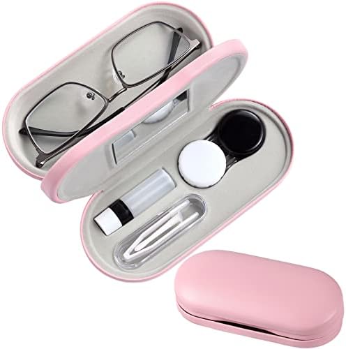 Калъф за контактни лещи AITIME, очила и калъф за контактни лещи 2 в 1, двустранен, преносим комплект чанти за контактни лещи, цветни и стилни, прости и елегантни (розов)