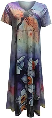 Дамски дрехи HUANKD, пролетно-лятното модно рокля свободно намаляване с V-образно деколте и къси ръкави с принтом, рокли 2023