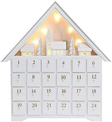 Бяла Коледа Дървена Къщичка с Адвент-календар с Големи Чекмеджета, led осветление за Възрастни, Детско Коледно Бижу с Обратното