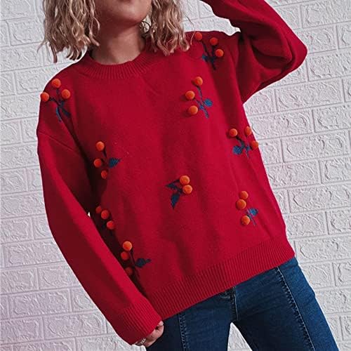 Пуловери MUDUH за Жени, Зимни Пуловери, с кръгло деколте и дълъг Ръкав, Модел Шампанско Череша, Всекидневни Пуловер