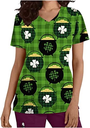 Дамски тениски Scrub_Tops на Свети Патрик с принтом на Сърцето и Щастлива Централи с джобове, Риза с кръгло деколте и къс