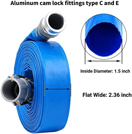 Плосък Дренаж маркуч PVC 1-1/2 х 100 метра с Алуминиеви Фитинги Camlock C & E, заключващ механизъм камера, Маркуч
