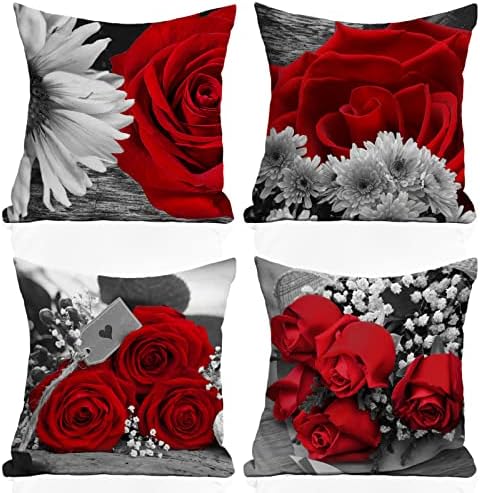 UKZMN Калъфки за възглавници с Червено Цвете 18x18, Комплект от 4 Червени Розови Черно-Сиви Декоративни покрива възглавница