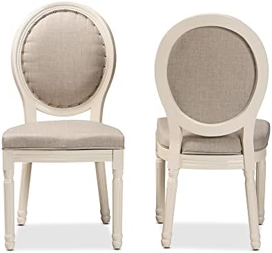 Комплект от заведения за хранене столове Baxton Studio Louis с тъканната облегалка, осеян със Сива Кърпа във френски стил, и Бялата тапицерия от Дърво от 2 теми