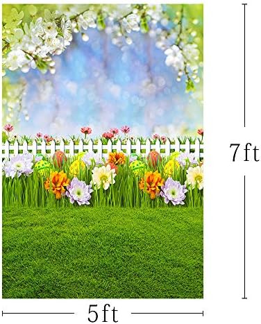 MEHOFOTO Честит Великден и Пролет Фон За Снимки Прерийните Цветя, Пъстри Яйца в Синьото Небе, Боке Ограда Трева Цветна Градина