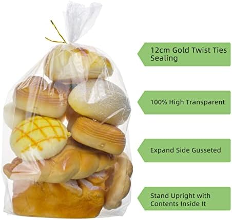 Lesibag 100 бр Хляб пакети с завязками - 8 x 18 Прозрачни Хляб на пакети с Дъно за домашен хляб и пекарни Батонов