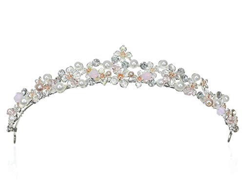 Корона-Диадема за Младоженци от Изкуствени Перли SAMKY с Розов Кристал - Посеребрение T1258