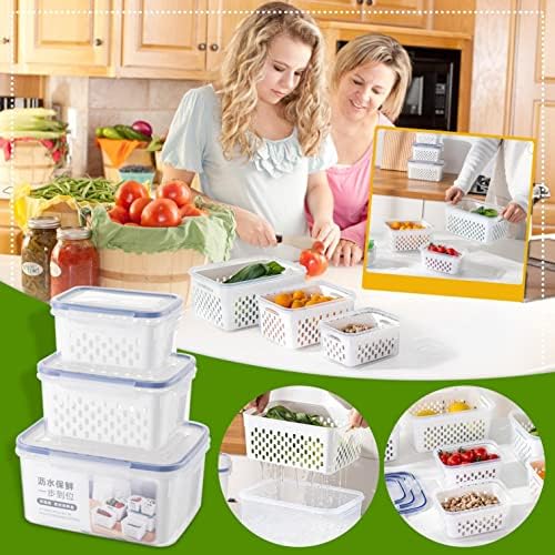 Контейнери за съхранение - 3 бр. контейнери за съхранение на плодове, зеленчуци, салата, месо, продукти за хладилник, съдове за източване на пресни продукти, пластмас