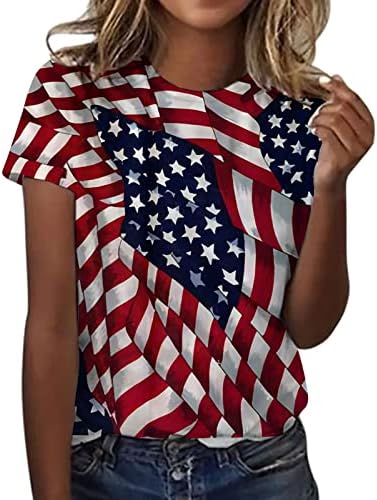 Тениски на 4 юли, Дамски Летни Туники с кръгло деколте и Къс ръкав, Потници в Ивица с американския Флаг, Тениска с вратовръзка-боя