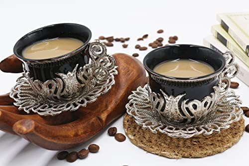 Порцеланови чаши за гръцки, арабски, марокански, турски кафе премиум-клас от черно Сребро - Комплект от 2 чаши за