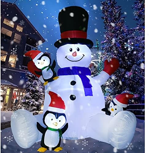 DearHouse 7-Крак Коледен Надуваем Снежен човек с осветление и Три Мили Пингвини, Строящий 3 led Фенер, Улични