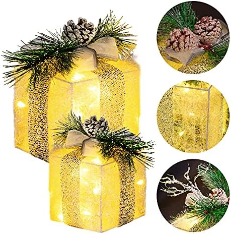 Hourleey Комплект от 3 Коледни Подаръци Кутии с Подсветка, Предварително подсвеченных 60 led крушки, Подарък Кутии
