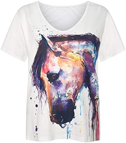 Женска Тениска с Изображение на Кон, Тениски с изображение на Кон, U-образно деколте, Ризи с Навити ръкави, Без