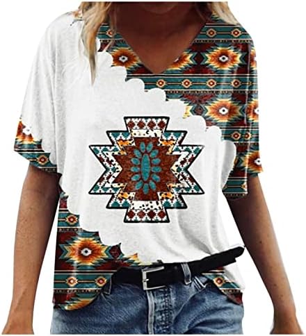 Западните Ризи за Жени, Риза с Къс Ръкав с Принтом Племето на Ацтеките, Ежедневни Летни Блузи, Свободни Реколта Етнически V-Образно Деколте, Геометричен
