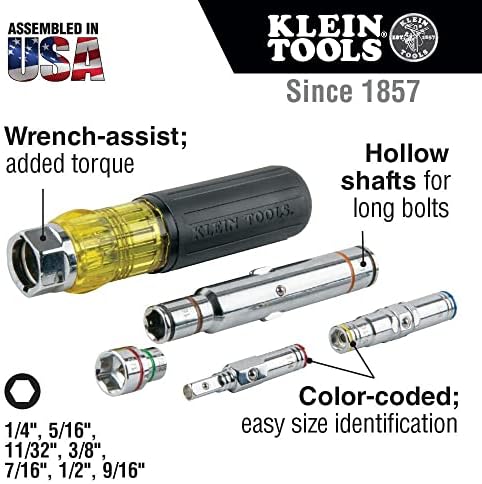 Комплект отвертки Klein Tools 80031 и гайковерт 32807MAG 7 в 1, магнитен водачът е с Размери шестоъгълни гайки SAE от 1/4 до 9/16 инча, ръкохватка с амортизирующим за допълнително изз