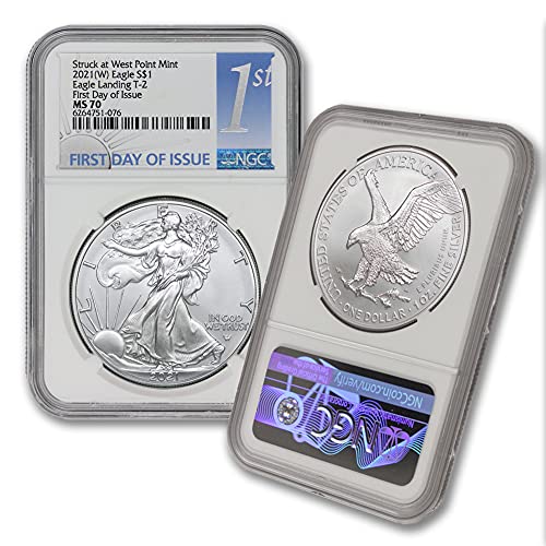 2021 (W) 1 унция сребърен американски орел MS-70 (отчеканен на монетния двор на Уест-Пойнта - Първият ден на издаване - Eagle Landing T-2) от CoinFolio за 1 долар MS70 NGC