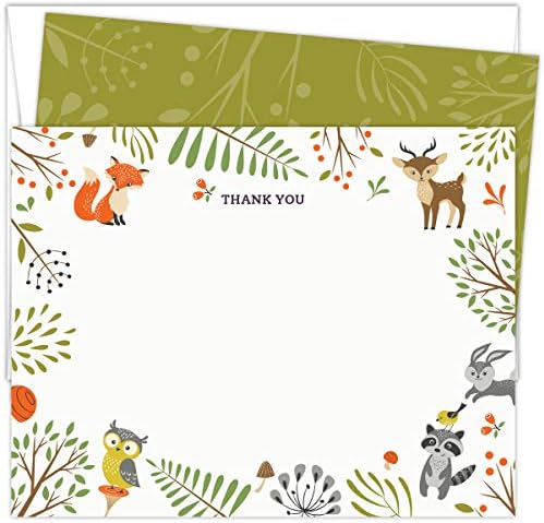 Благодарствени картички за бебе душ горски животни. Комплект от 25 плоски карти за бележки размер на 5,5 x 4,25 инча и бели пликове формат А2. Отпечатана върху Дебел карт?