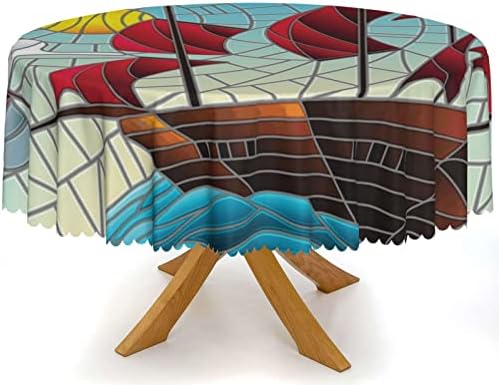 Капачка кръгла маса с морски дизайн, декоративни от водоустойчива материя, издръжлив множество покривка, протираемая,