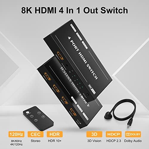 Комутатор CHENLENIC HDMI 2.1 Ultra HD 8K Високоскоростен 48 gbps HDR10 3D е Насочен ивица е Само на 4 инча, 1 изход 8K @ 60Hz Конвертор 4K @ 120Hz HDCP2.3, с IR дистанционно управление е Съвместим с Xbox