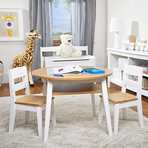 Комплект от дървена кръгла маса и 2 стола Melissa & Doug – Детски мебели за игри стая, Светло дърво с бяла тапицерия в два