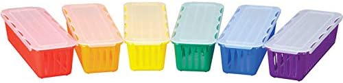 Пластмасови кошници за съхранение на моливи и маркери Really Good Stuff с капаци с размери 3 ¼ инча на 10 инча от 2½ инча (пакет от 6) – Забавни цветове на дъгата с плъзгащи се к