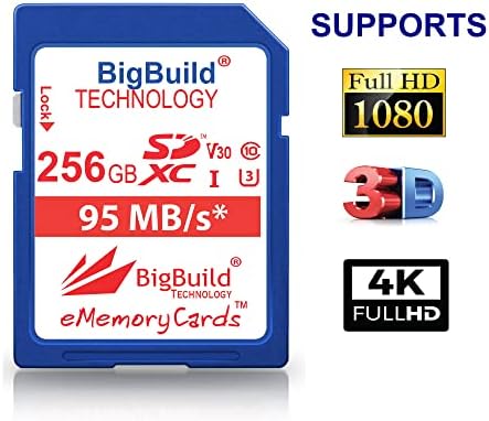 Технология BigBuild 256 GB Бърза карта памет U3 SDXC 95 MB/s, съвместима с видеокамера Panasonic HC V180EB-K, V380EB-K, W580EB-K