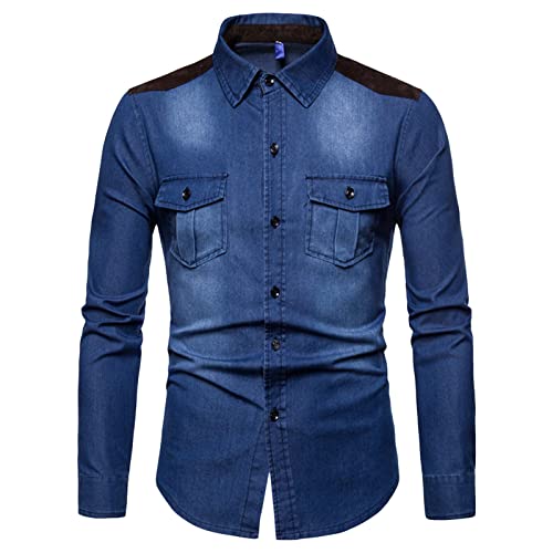 Maiyifu-GJ Мъжки Ежедневни Деним риза в стил мозайка, Дънкови ризи с копчета Обичайното намаляване, Приталенные ризи в западен стил с дълъг ръкав (в синьо, XX размер)