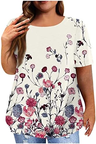 ADHOWBEW Дамски Блузи с Къс ръкав и Цветен Модел на Размер Плюс 2023, Летни Елегантни Ежедневни Сладък Модни