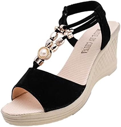 ZHISHILIUMAN Клин сандали за жени нисък ток, платформа, сандали еластична каишка на щиколотке перлени сандали с отворени пръсти елегантни обувки